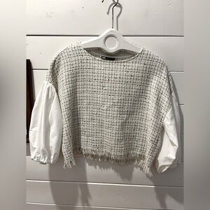ZARA Bouclé Crop Top with 3/4 Balloon Sleeves – Size M